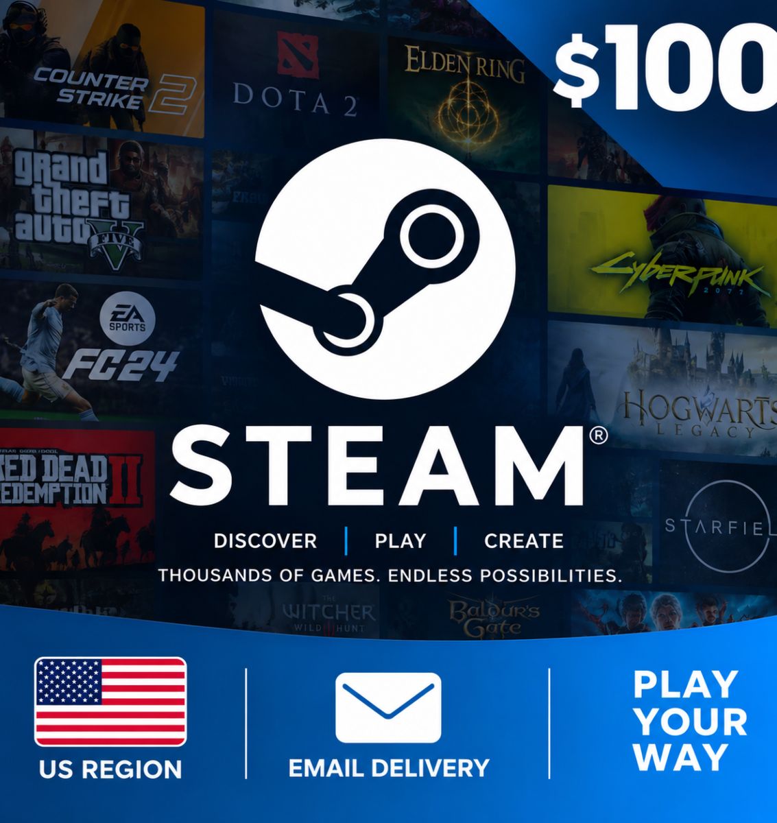 Steam $100 Gift Card – US Region – Email Delivery
