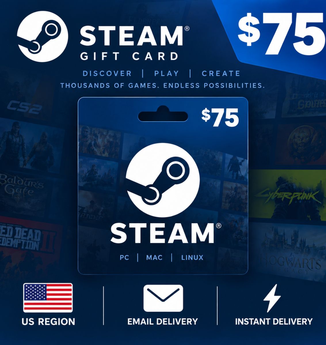 Steam $75 Gift Card – US Region – Email Delivery